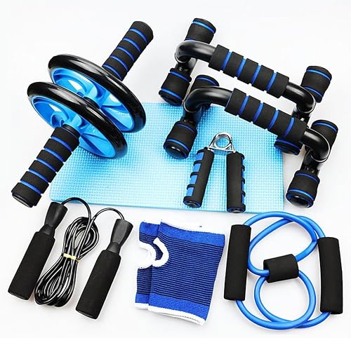 8-in-1 Fitness Kit Ab Roller Set | Home Gym Workout Equipment for Men & Women – Abdominal Muscle Training Roller, Push-Up Bars, Jump Rope, Resistance Band & Full Body Workout Accessories