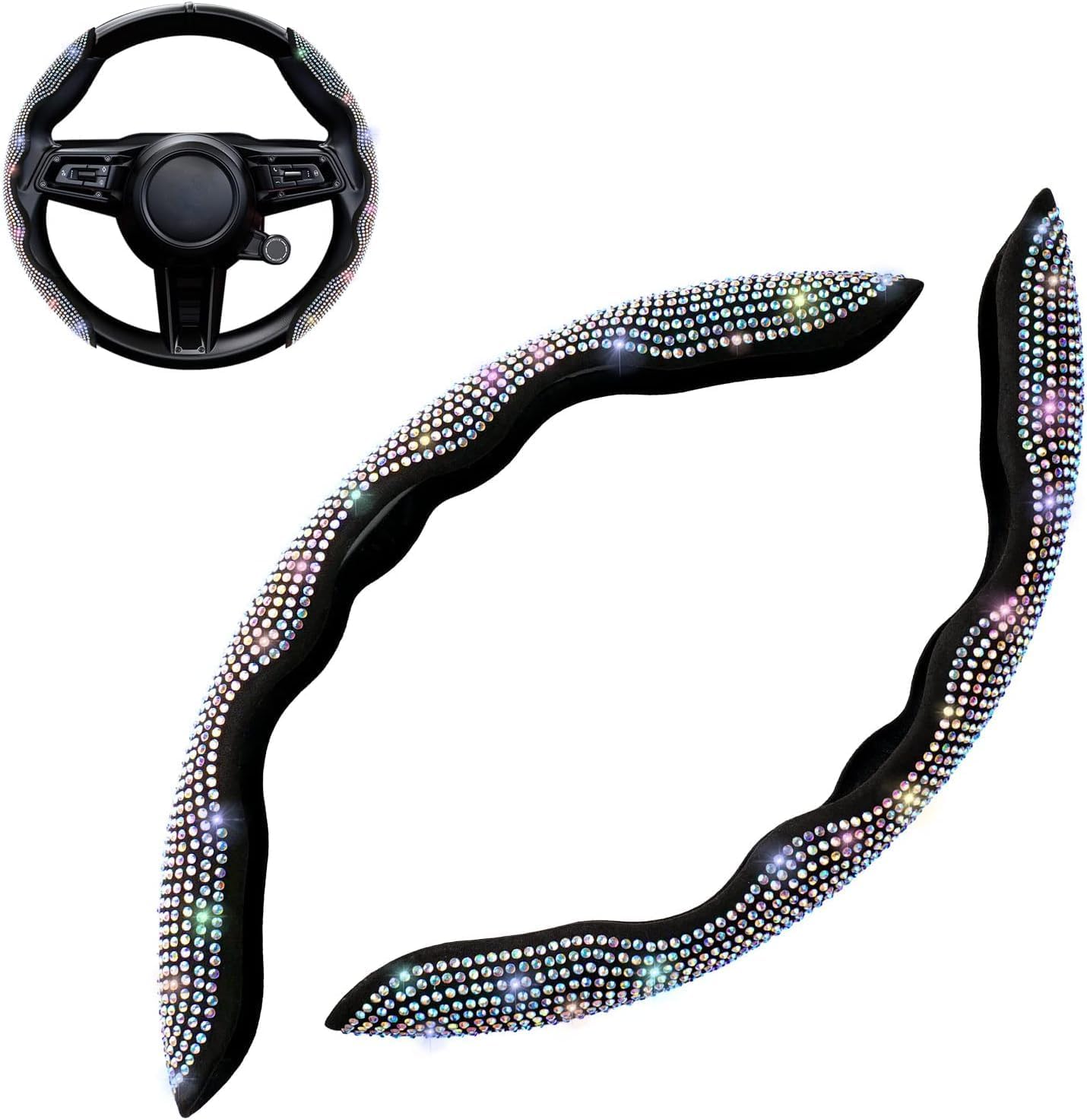XUKLOVA Steering Wheel Cover for Fiat Panda II MK3/Mk4 (Type 169 319) 2010-2020, Non-Slip Segmented Protector for Steering Wheel, Anti-Sweat & Comfort Grip,with White diamonds