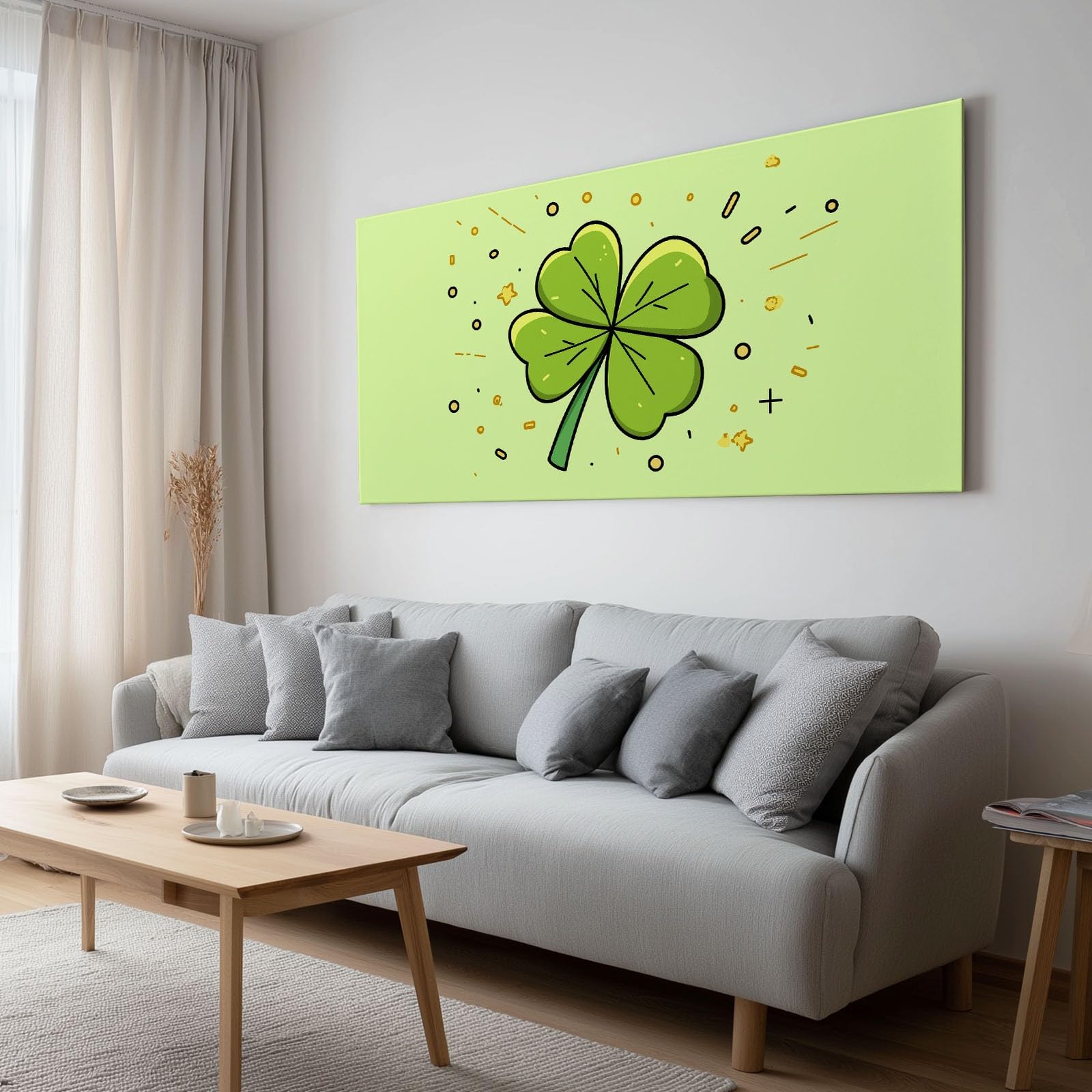 Minimalistisch Grün Vierblättriges Kleeblatt Modernes Leinwandbild 140L x 70B cm mit Rahmen, Cartoon Stil XXL Wanddeko für Wohnzimmer Geschenk Idee Einzug - Hochwertiger Kunstdruck auf Holzrahmen