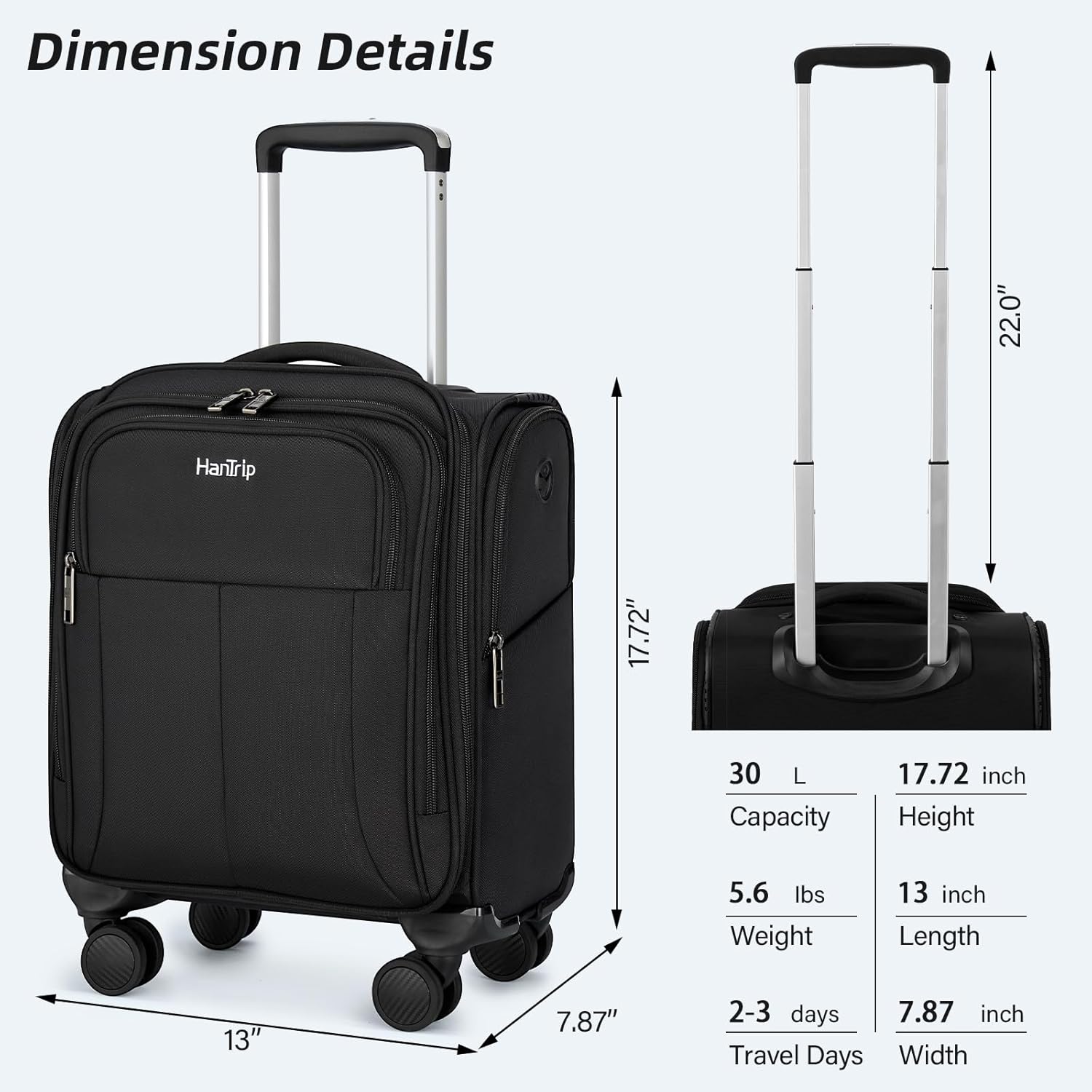 16 Inch Underseat Carry On Luggage with Wheels Softside Small Suitcases Personal Item Bag with Pocket Travel Luggage for Men Women Business Overnight Bag(Black) - Image 2