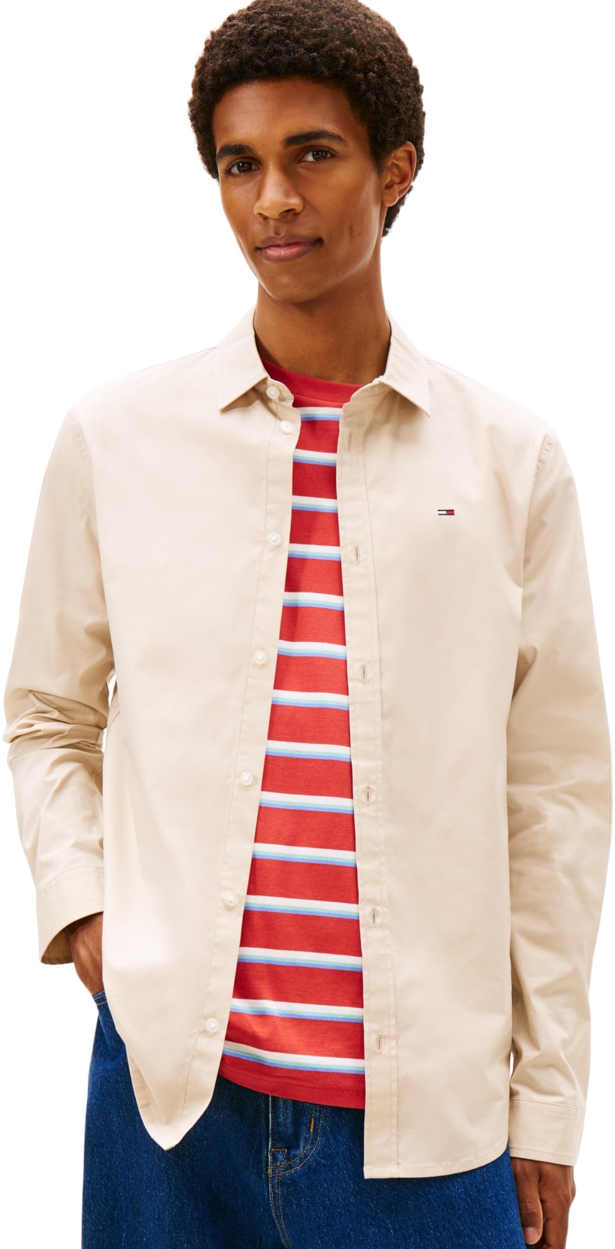 Tommy Jeans Men's TJM Original Stretch Shirt DM0DM04405 L/S Shirt, Beige (Gulf Sand), S