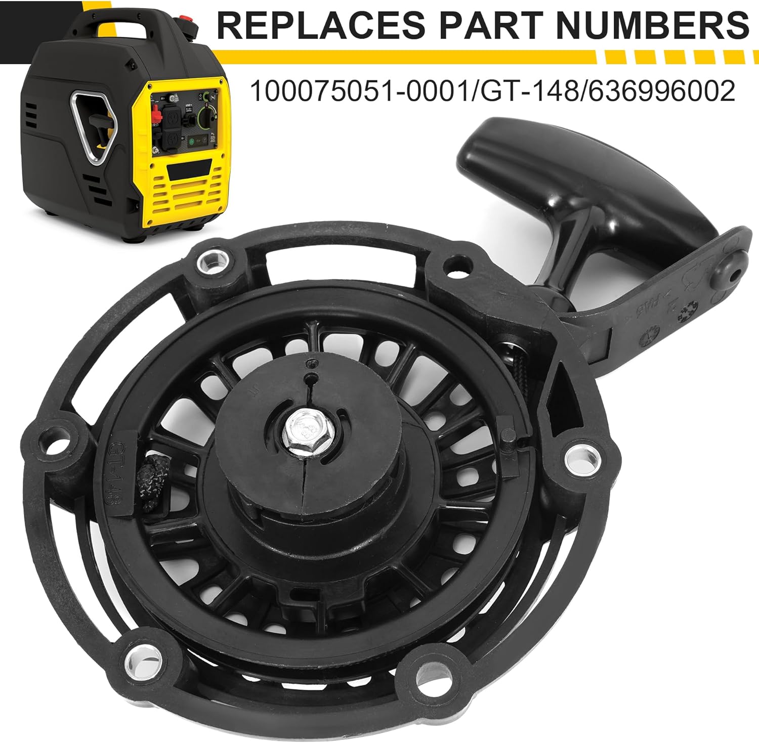 100075051-0001 Recoil Starter Assembly, Rewind Starter Compatible with Champian 2500 Watt Inverter Dual Fuel Generator, Compatible with Ryobe 636996002 RYi2300BTA RYi2300 RYi2300BT