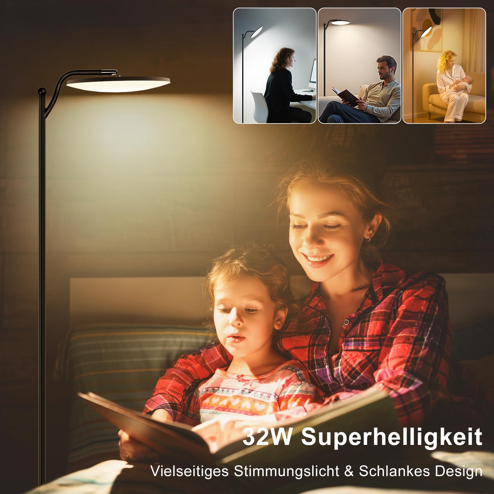 LED Stehlampe Wohnzimmer, 32W Deckenfluter LED mit Fernbedienung, 2700K-6500K Stufenloses Dimmen, Moderne Leselampe Stehleuchte für Wohnzimmer Schlafzimmer Büro, Schwarz, Energieeffiziente