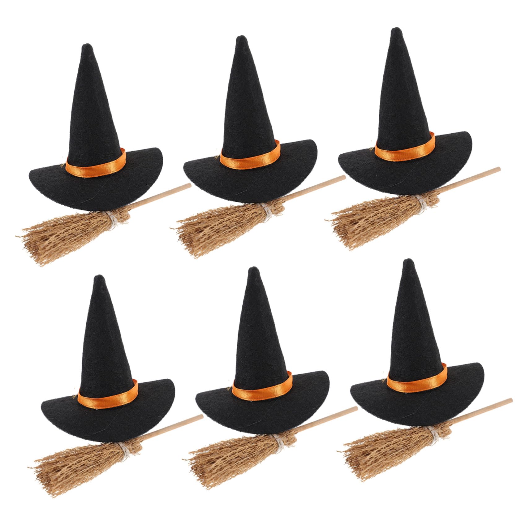 Hohopeti 6 Impostati Cappelli Strega Mini in Tessuto e Mini Scope in Legno per Decorazioni Halloween DIY Cappelli Artigianali Delicati e Accessori Festivi per Feste e Casa