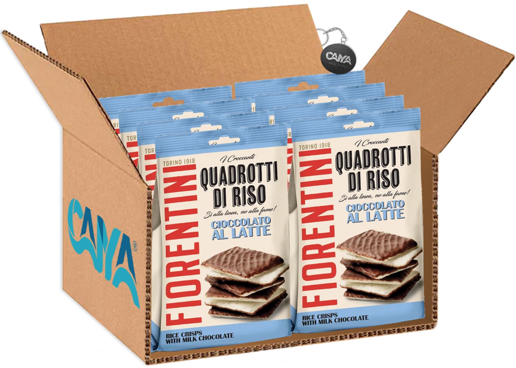 Fiorentini Quadrotti di Riso Mini Cialde di Riso Ricoperte di Cioccolato al Latte Senza Glutine (Gluten Free) 80g [CAIYA® BOX da 8 Confezioni]