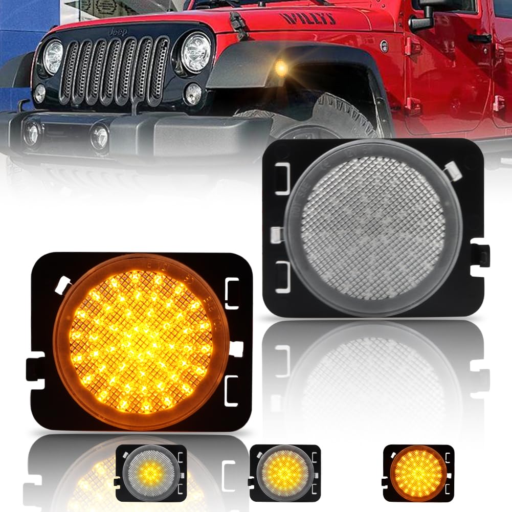 Sequential Front Fender LED Side Marker Lights for 2007-2019 Wrangler JK, [Upgraded] Clear Lens Side Bumper Marker Lamps, JK Amber LED Side Markers Turn Signal Lights, 2 PCS