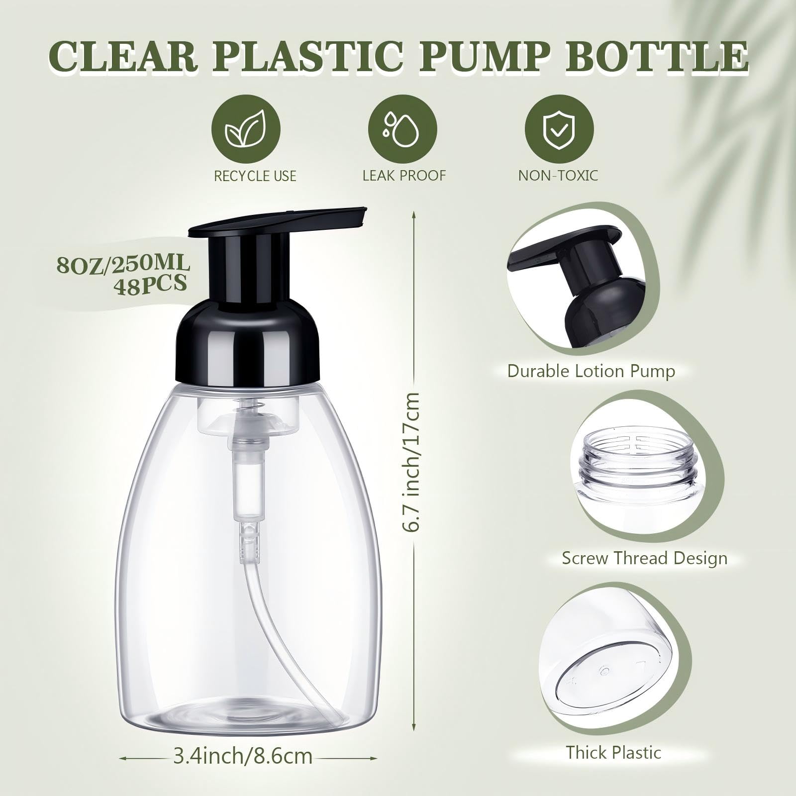 Nuenen 48 Stück schäumende Seifenspender Pumpflaschen 8 oz Leere Schaumstoff Flüssigseife Behälter Kunststoff Seifenspender mit schwarzen und weißen Pumpen für Lotion, Shampoo Flüssigkeit