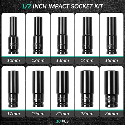 Miniatura 2 de Takuoo Juego de llaves de impacto de 10 piezas de 12 pulgada de 10, 12, 13, 14, 15, 17, 19, 21, 22, 0.945 in.