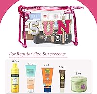Vista 4 de COSHAYSOO Bolsa de Maquillaje Transparente con Protección Solar, Bolsa de Protector Solar con Parches de Letras, Accesorios Esenciales de Playa