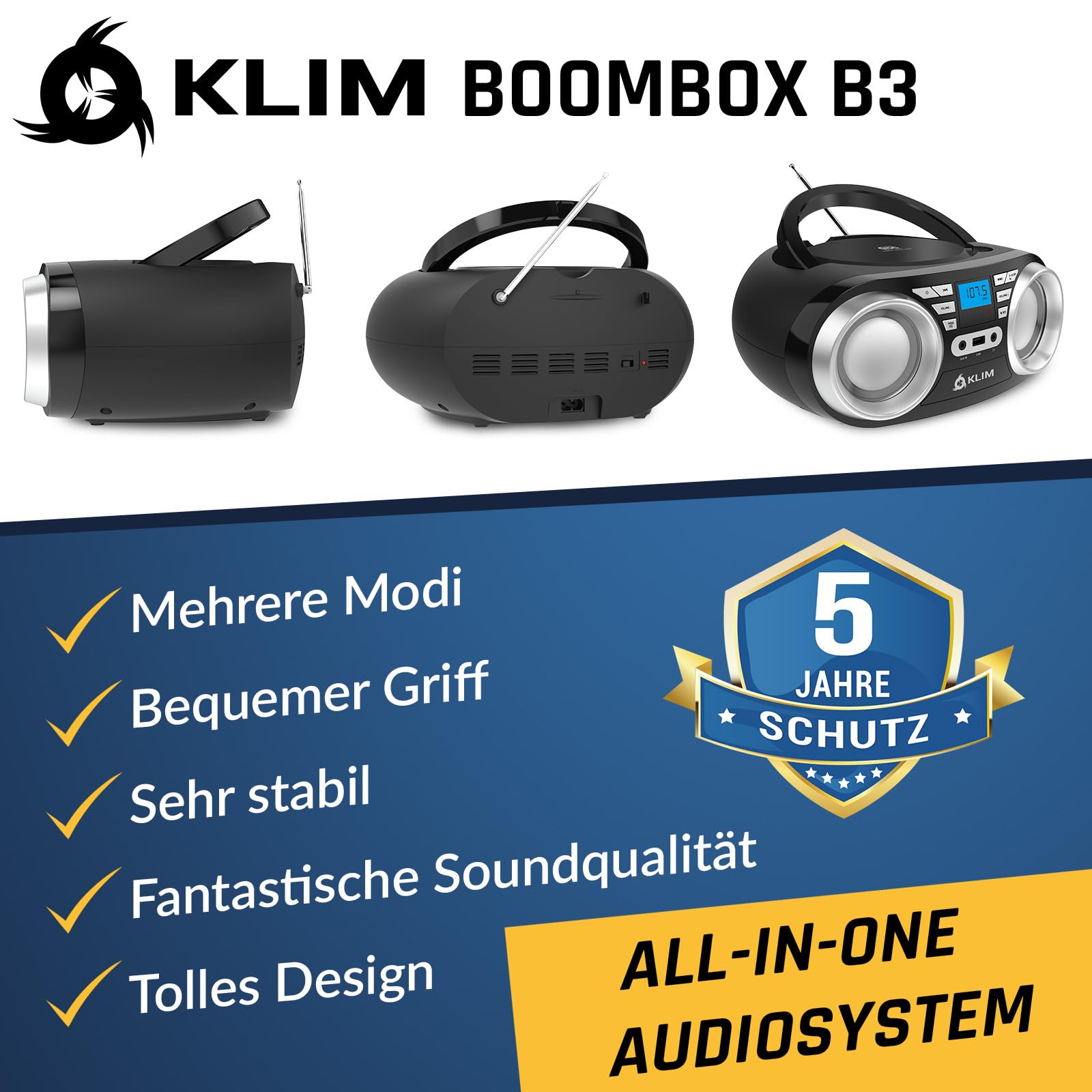 KLIM B3 Tragbarer CD Player Bluetooth Boombox mit FM-Radio, Bluetooth, USB und AUX - Hochwertige Dual-Lautsprecher, EQ-Soundeffekte, 20 Voreingestellte Sender, Kompakt und Leicht | CD Player Tragbar