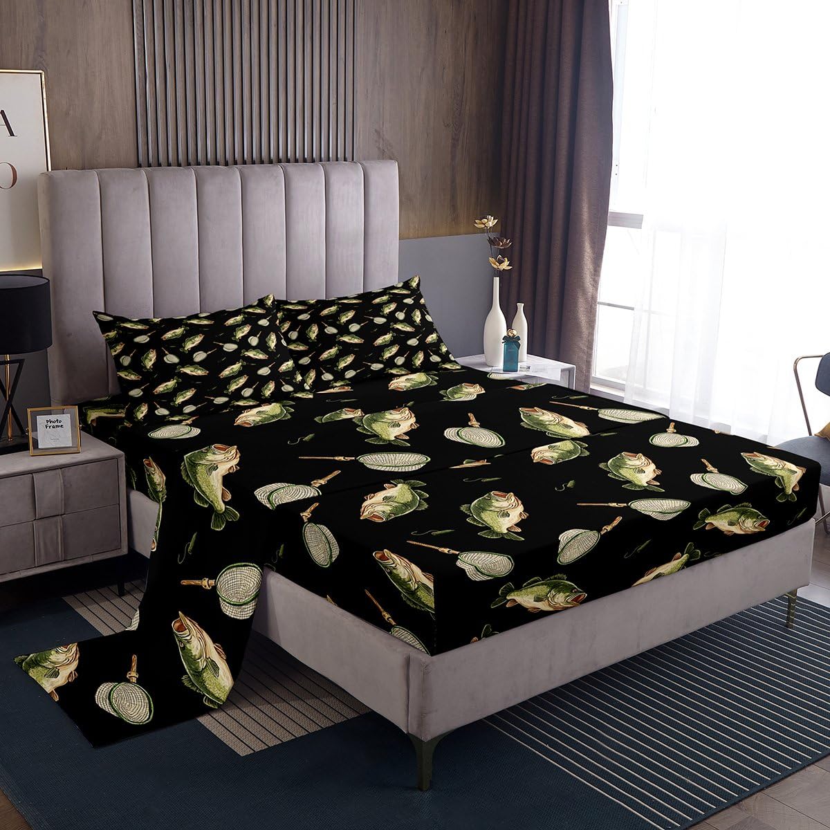 Homewish Gone Fishing - Juego de ropa de cama doble para niños, color negro, pesca, caza, para niños y hombres, redes de anzuelo, juego de sábanas bajeras, 4 piezas