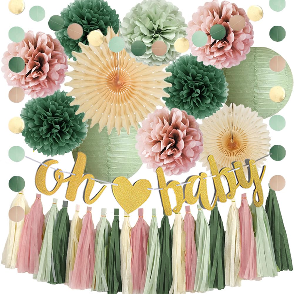Sage Green and Pink Baby Shower Decorations Oh Baby Sage Green Dusty Pink Baby Shower Decorations for Girl Boho Dusty Rose Poms Beige Paper Fans Lanterns with Olive Cream Tassel Garland
