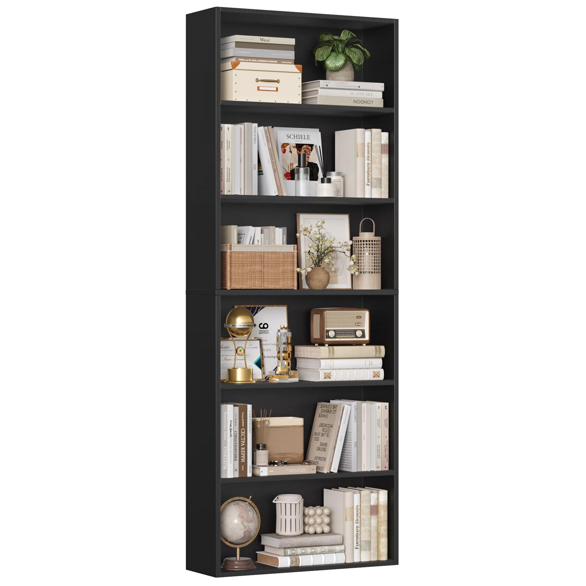 FirFurd Bookcase 6 Tiers Bookshelf Black Tall Display Shelf Freestanding Wooden Storage Unit for Living Room Bedroom Office 60x23.5x180cm — image 1