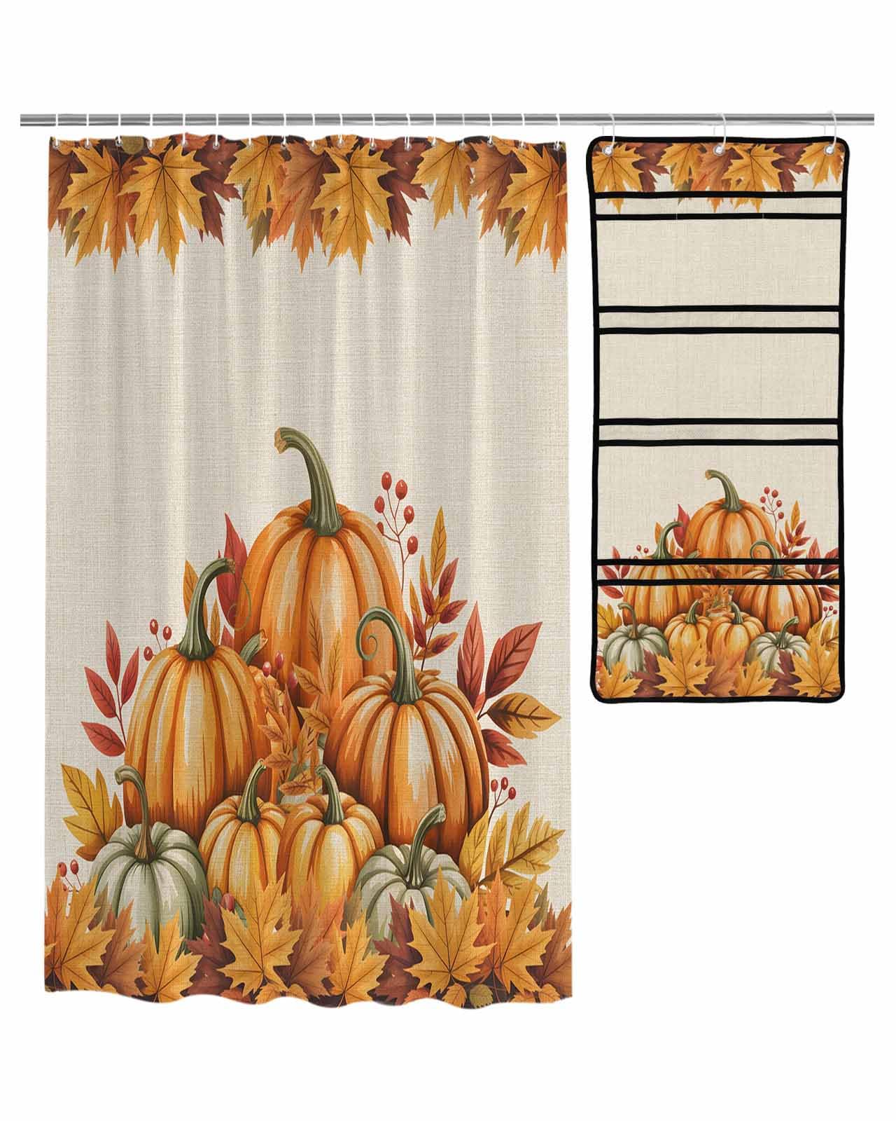 Shower Curtain Mesh Shower Organizer Hanging Set Fall Thanksgiving Pumpkin Watercolor Botanical Maple Leaves Waterproof Shower Curtains with