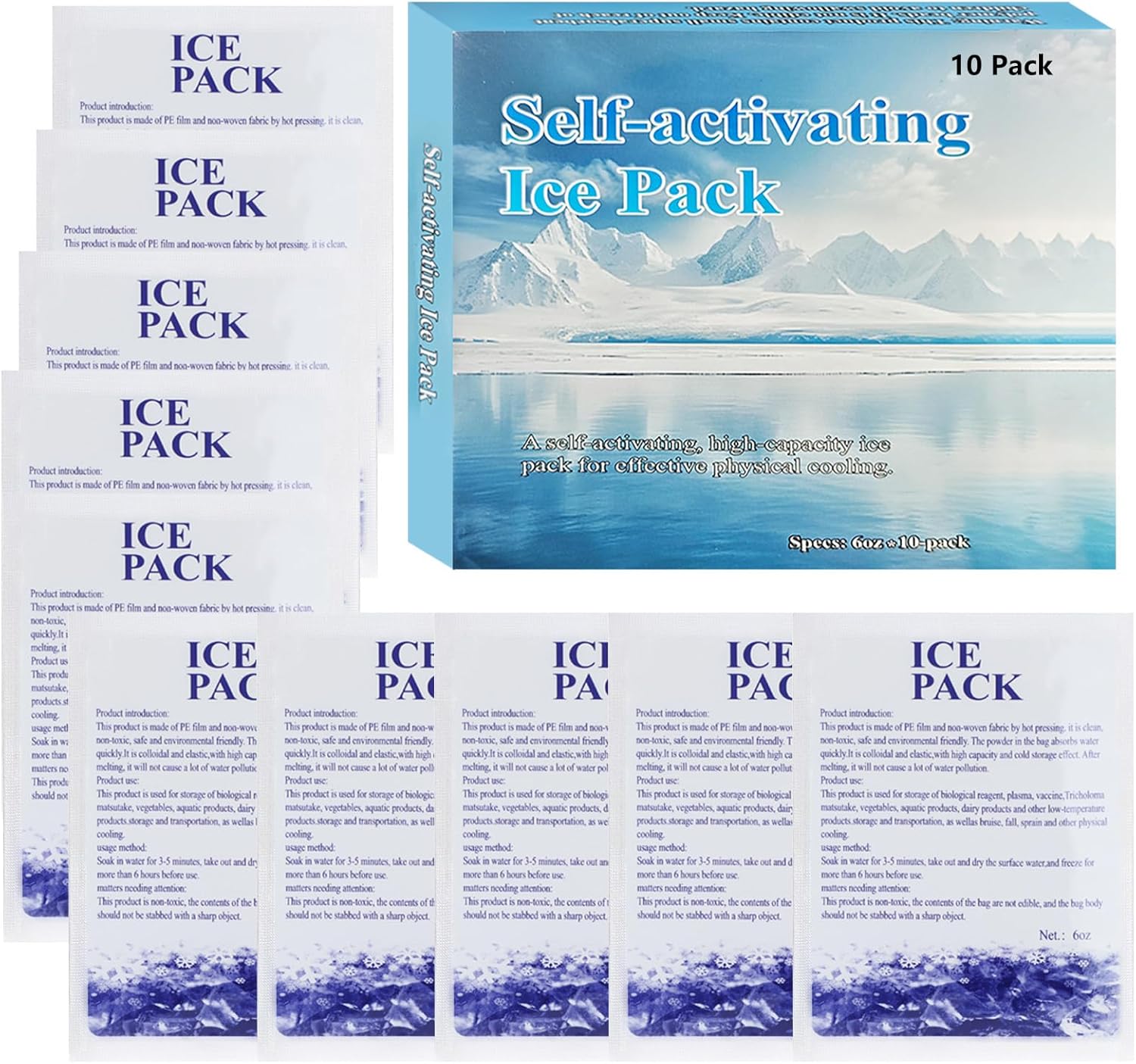 10 Pack Self-Activating Instant Ice Bags - Disposable Cold Compress for First Aid, Sports Injuries, Medical Transport, Lunch Box & Food Preservation | Single-Use Emergency Ice Packs