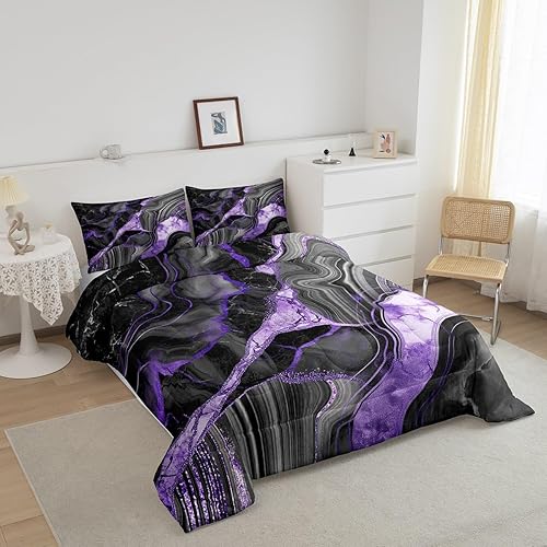 Miniatura 2 de Juego de edredón de mármol negro y gris, tamaño King, ropa de cama con estampado de grietas de mármol morado para mujer, juegos de edredón de