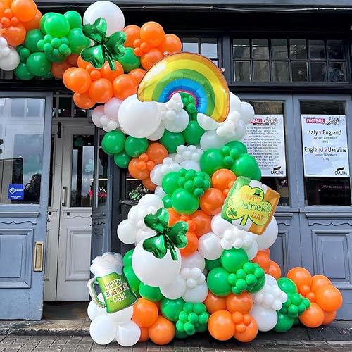 Miniatura 10 de Kit de guirnalda de arco de globos del día de San Patricio, globos coloridos de arcoíris verde dorado con trébol de la suerte, sombrero de trébol de