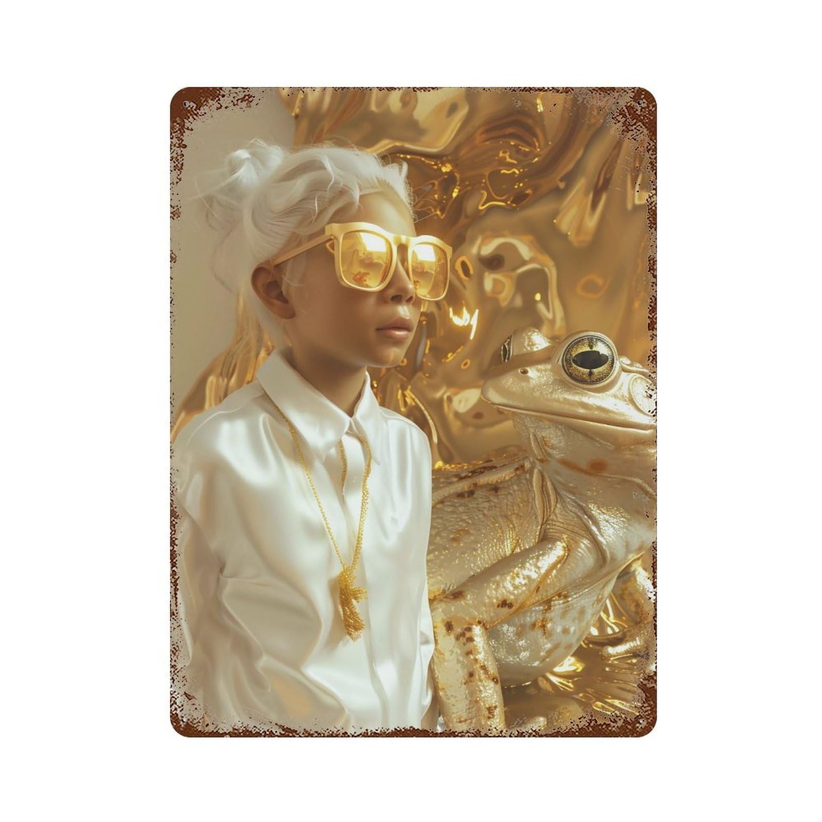 YHGERTKU Golden Frog And Girl Surreal 02 Wall Art Retro Iron Vintage Metal Tin Sign Poster Modern Decor for Living Rooms Gift 40x30cm