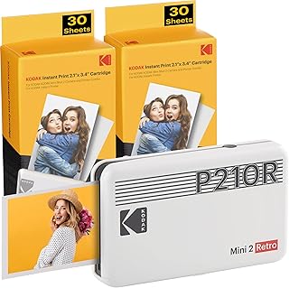 Kodak Mini 2 Stampante foto per cellulare, 6 Cartucce incluse, Istantanee formato 54x86mm, Bluetooth, Wireless, Portatile e compatibile iOS e Android - Bianca