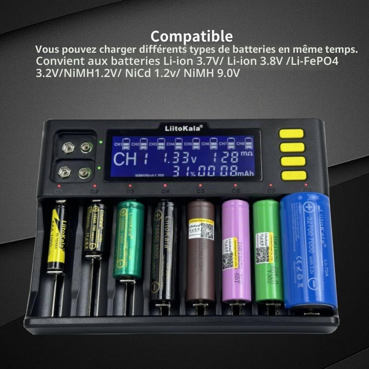 Chargeur de Batterie 18650, LiitoKala LII-S8 Chargeur de Batterie 9V avec écran LCD, Chargeur Batterie pour Li-ION LiFePO4 Ni-MH Ni-CD AA AAA C 21700 26650 13650 16340 18700 RCR123, 8 Baies