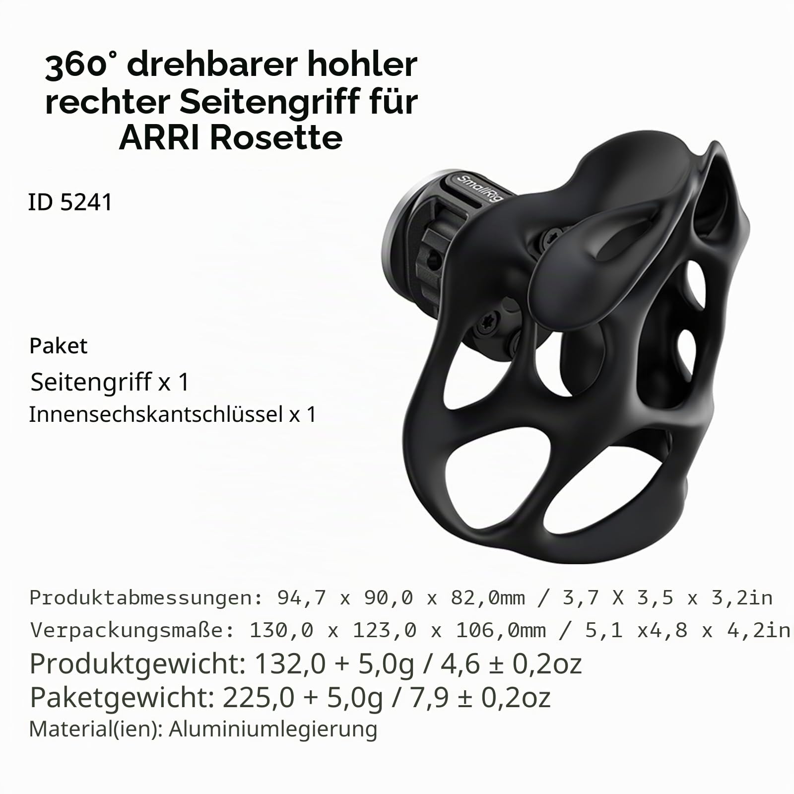SMALLRIG 360° Drehbarer Hohler Rechter Griff für ARRI Rosette, 15 kg/33 lb Tragkraft für Kamerakäfige und Schulter-Rigs – 5241