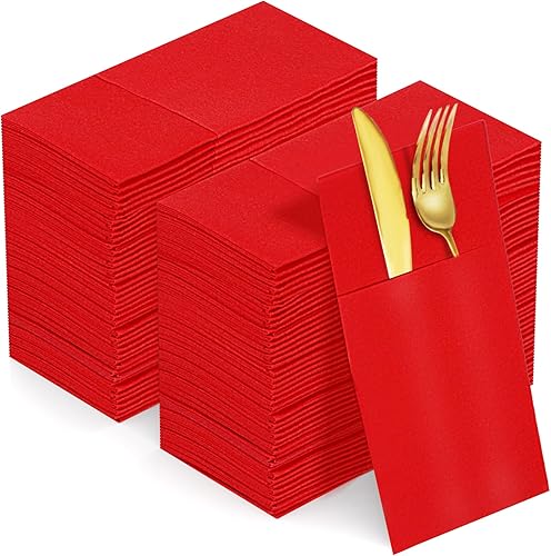 KAMMAK Servilletas rojas desechables de papel con bolsillo, paquete de 100 servilletas plegables para recepción de boda, toallas de mano para