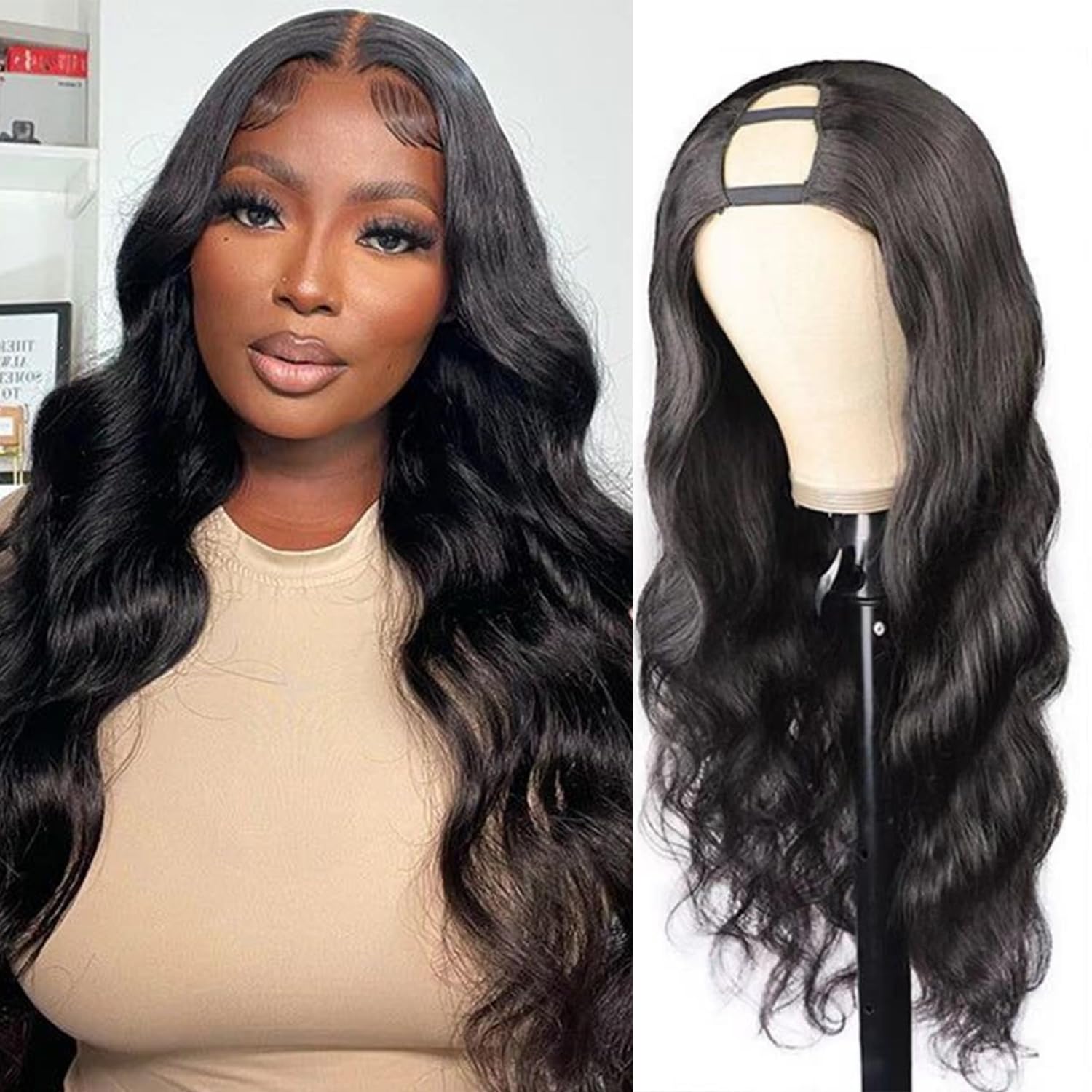 BYYASAA U Part Human Hair Wig Body Wave U Part Wig Human Hair for Black Women Glueless Wigs Human Hair Clip Natural Hair Wig Beginner Friendly Middle