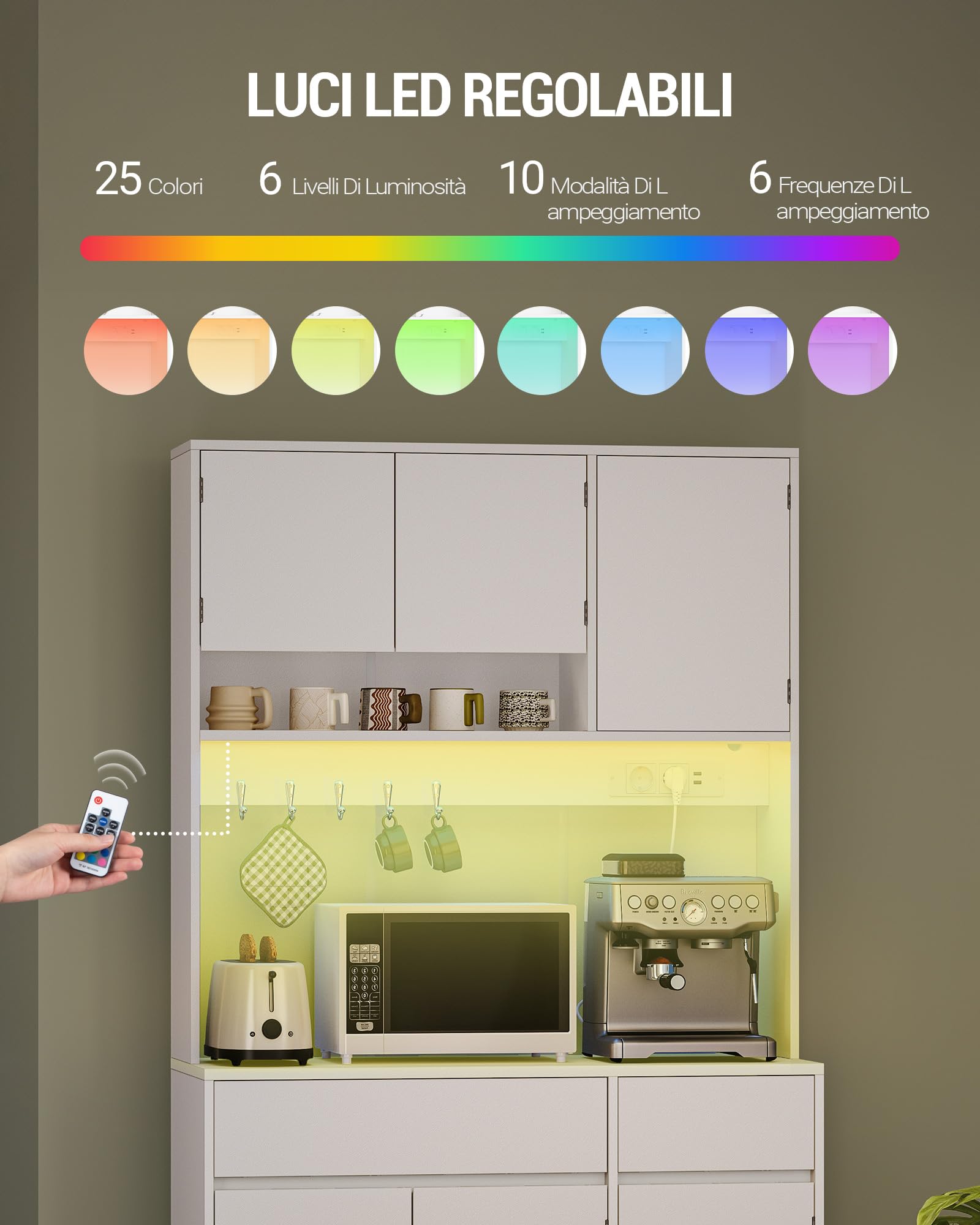 Hzuaneri Credenza Cucina Alta, Credenza Soggiorno, con Multipresa e Striscia Luminosa a LED, Ampia Superficie di Lavoro, Ripiani Regolabili, Cucina, Soggiorno, 40 x 100 x 180 cm, Bianco PT00203XEU