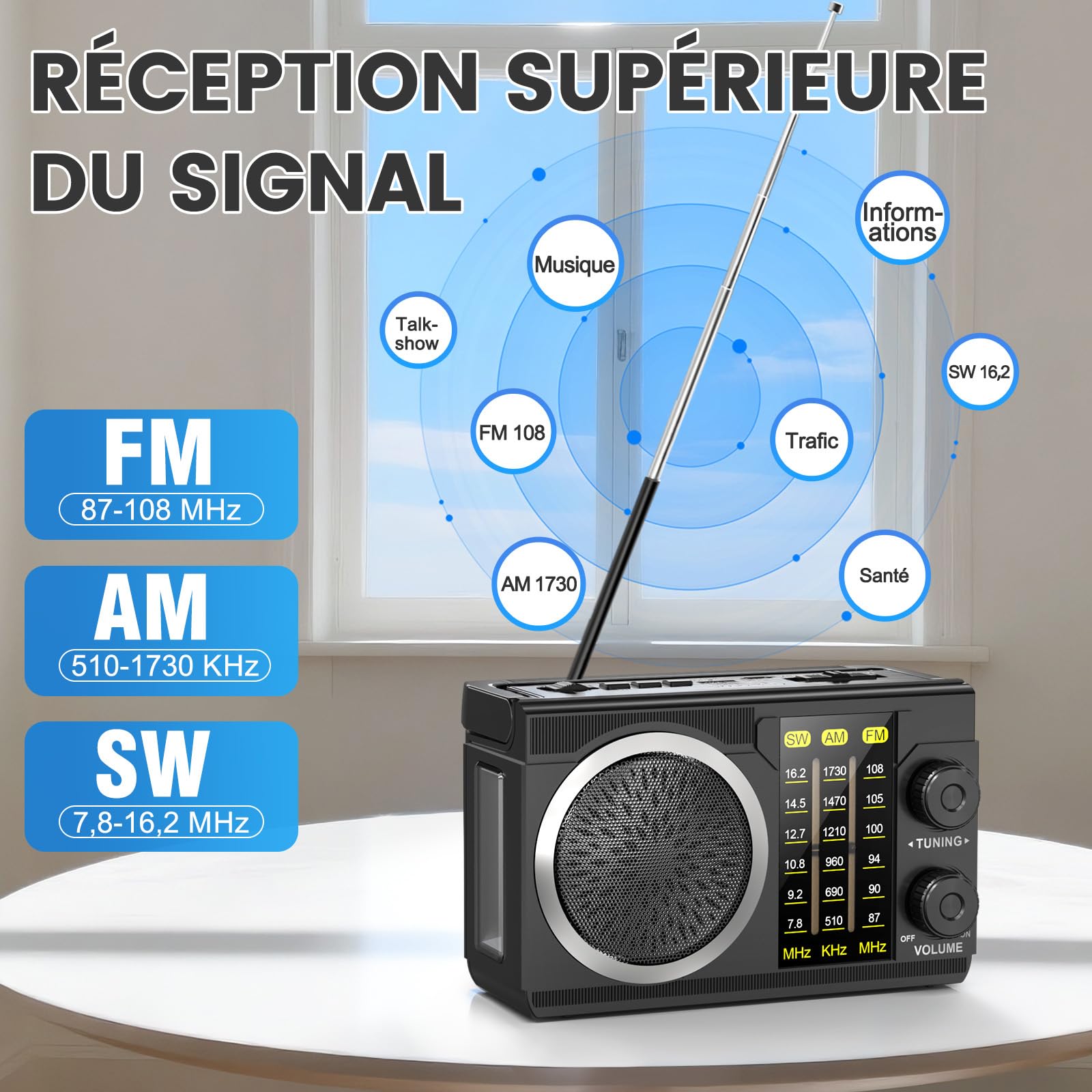 PRUNUS J-135 AM/FM Poste Radio Portable Rechargeable avec 1800 mAh, Secteur et Pile, Transistor Radio Bluetooth 6.0, Poignée de Transport Rabattable, Essentiel à la Survie, pour Camping, Chambre