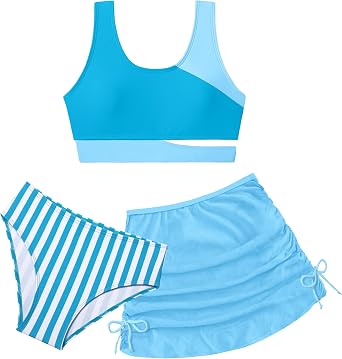 BAVADER Girls Swimsuit Cutout Tropical Floral Bathing Suit for Girls 3 Pcs Bikini with Drawstring Cover up Skirt 7-16Y