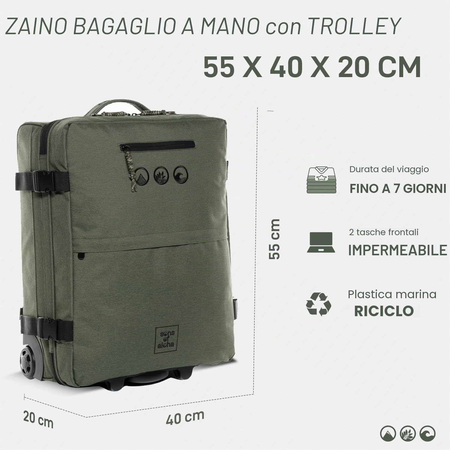 Valigia e zaino da cabina 2 in 1 sostenibile PET riciclato KANE │ valigetta bagaglio cabina 2 ruote uomo donna, da PET riciclato │ valigia rigida impermeabile verde-oliva fatto a mano