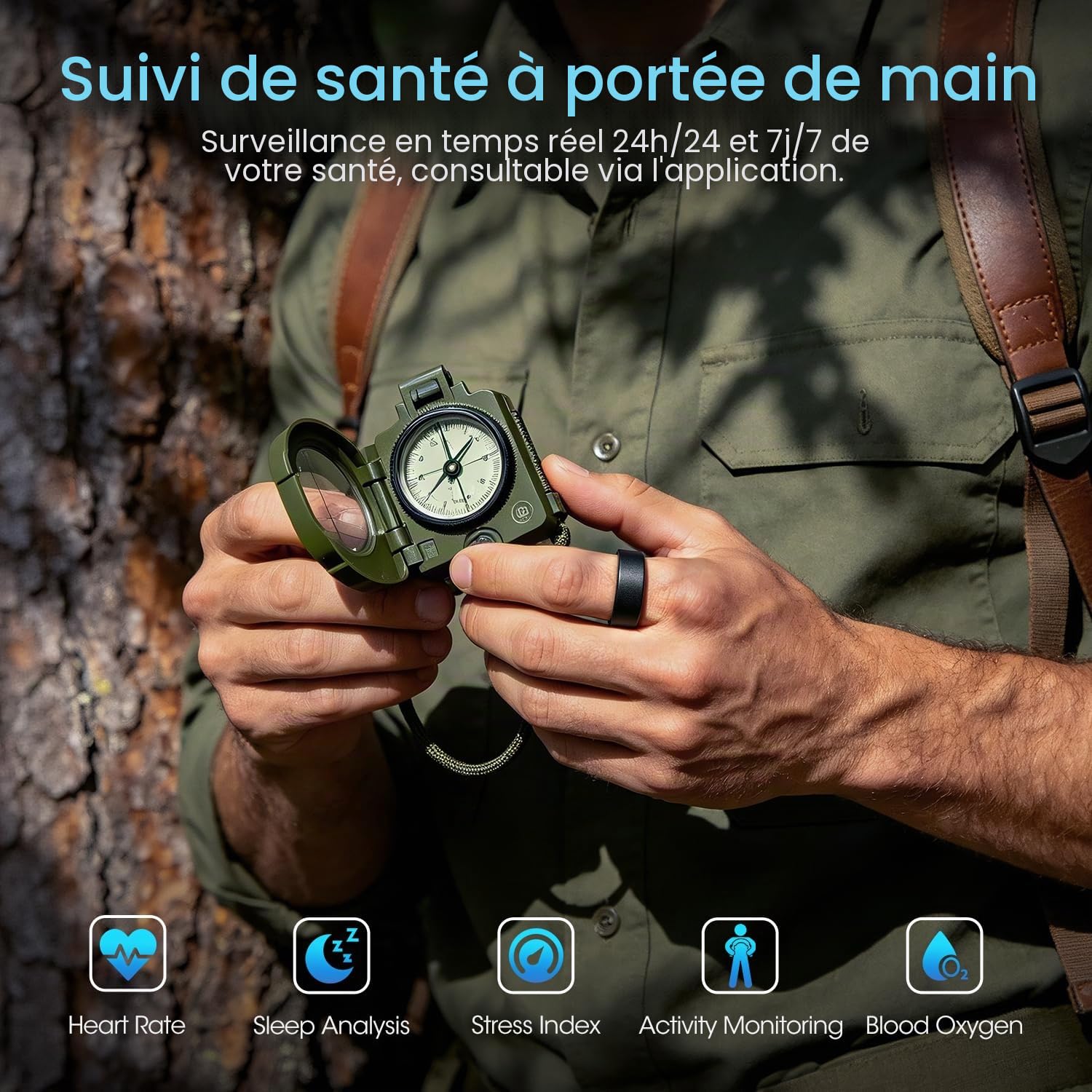 NAIXUES Bague Connectée Homme Femme, Smart Ring avec Commande Gestuelle, Fréquence Cardiaque, SpO2, Sommeil, 170+ Modes Sportifs, Smartwatch 5ATM Podomètre pour Android iOS, Taille 9, Noir
