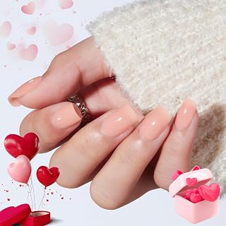 Modelones Nude Pink Press on Nails, Valentines Short Square Fake Nails, Semi-Transparent Reusable Nail Kit with Nail Glue Adhesive Tabs Mini Nail File, Nails Press Ons 32Pcs16 Sizes, Women Girl Gift