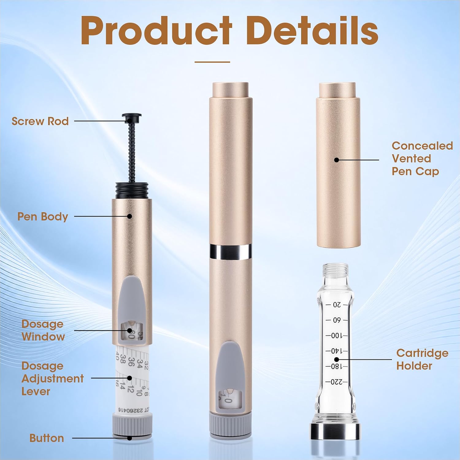 60 Unit V2 Reusable Peptide Pen Injector, Metal Pen with Portable Metal Storage Case, Compatible with 3mL Cartridges (Gold）