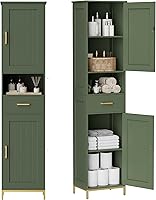 Homhedy 67" Tall Narrow Bathroom Storage Cabinet, Freestanding Green Cabinet with Adjustable Shelves, Doors & Drawer for Small Spaces