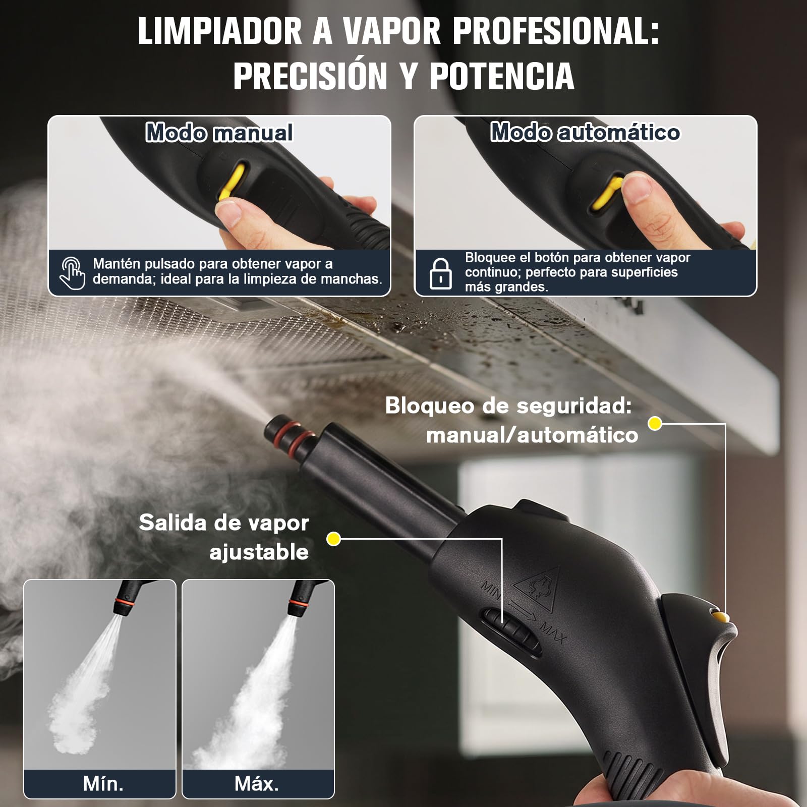 Waitbird Limpiador de vapor de mano para el hogar, 4,5 bar, 120 °C, vapor caliente, 1500 W | 21 accesorios | Sin productos químicos para suelo, coche, pared, juntas, cocina y baño | doble bloqueo de seguridad