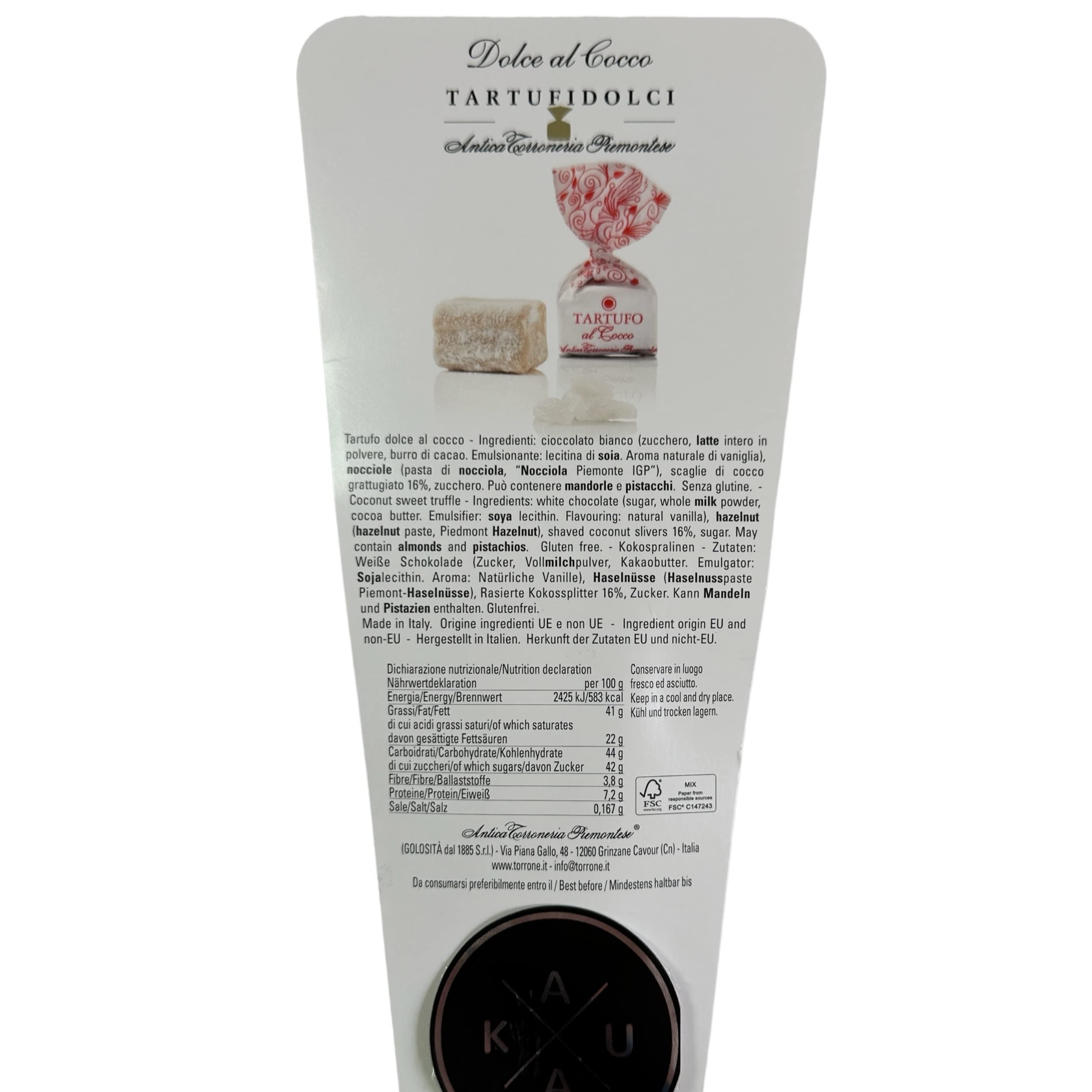 1kg Tartufi dolce cocco von Antica Torroneria Piemontese. Italienische Trüffel-Pralinen mit weißer Schokolade, Kokos und Piemont-Haselnüssen, 1 kg Beutel KAUKAU Edition