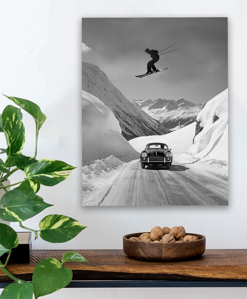 Amazon.com: Lone Star Art Jumping Over Porsche Vintage Ski Scene