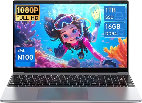 15.6 Inch Laptop Computer 15.6 Inch FHD Display 4C4T N100 Processor 3.4GHz 16GB DDR4 RAM 1TB SSD UHD Graphics Win 11 Pro Dual WLAN Bluetooth 5 2 x USB 3.0 6500 mAh