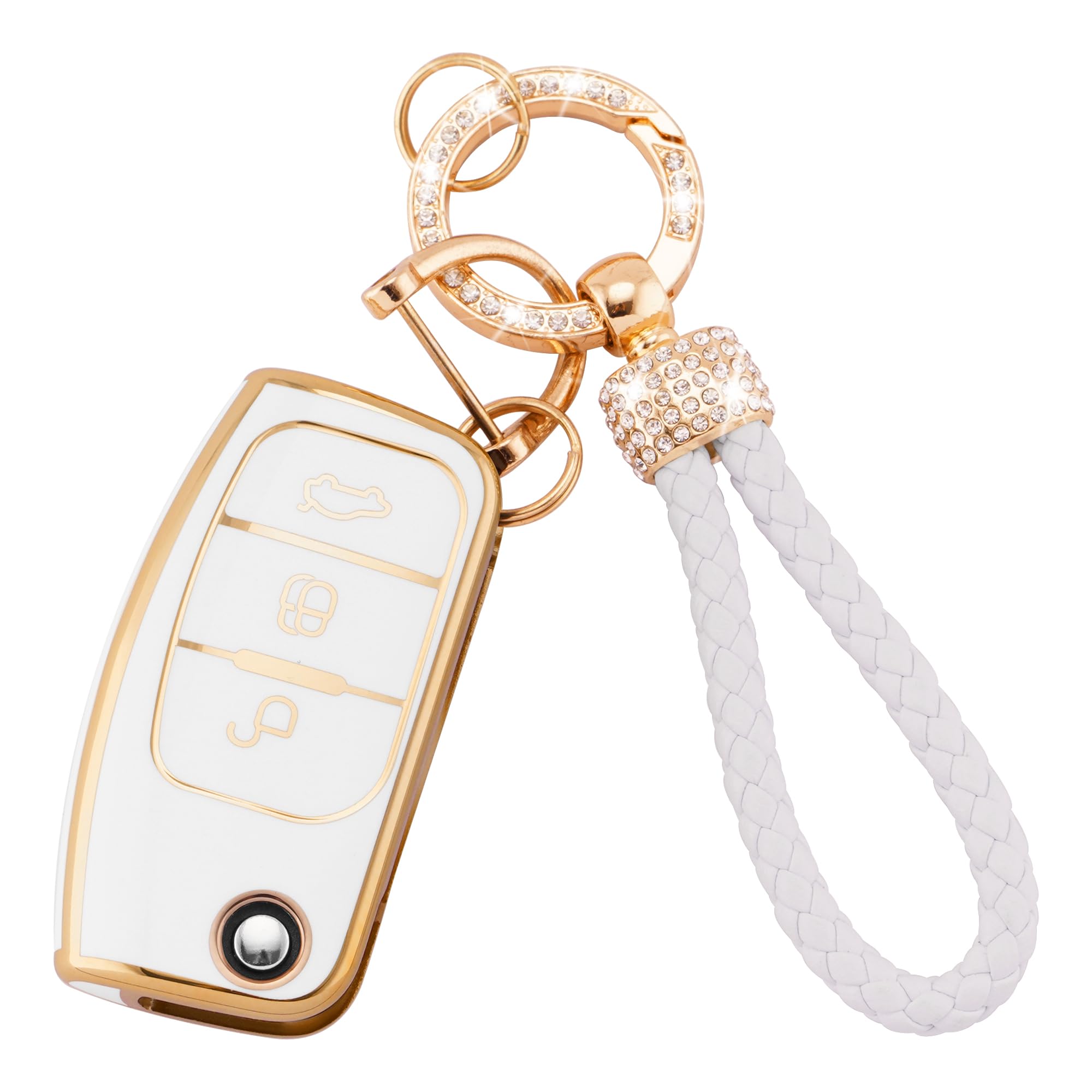 for Ford Key Cover Compatible with Ford Fiesta Focus Galaxy Kuga C-Max S-Max Mondeo MK4 3 Buttons Flip Folding Key Fob with Bling Keychain Soft TPU Key Case for Ford Fiesta Key Cover(Frd-3F)