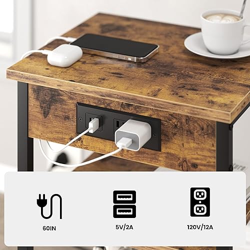 Miniatura 5 de Juego de 2 mesas auxiliares con estación de carga, puertos USB, 3 niveles altos con estantes de almacenamiento, soporte para tocadiscos, mesa