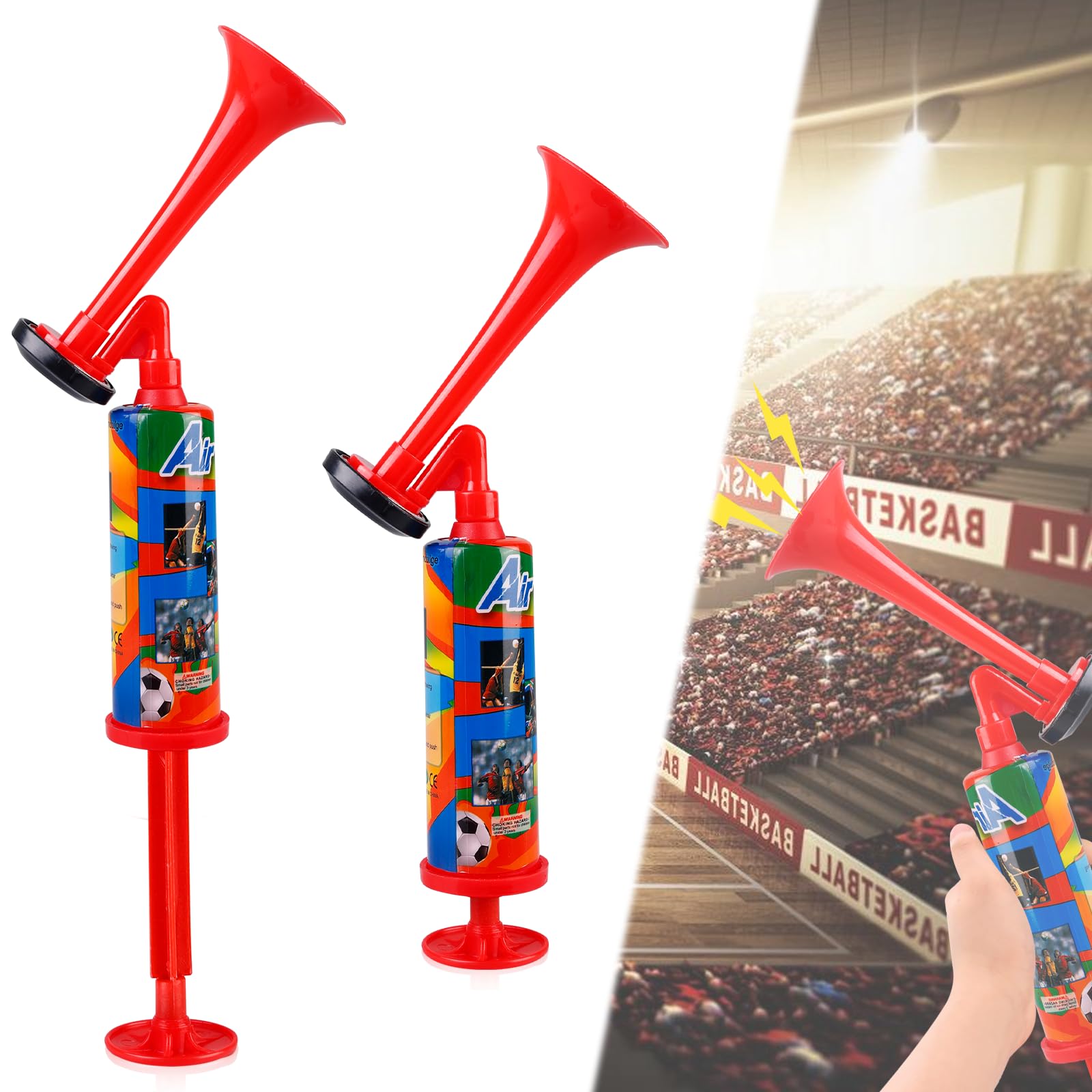 Lot de 2 klaxons à air rouges : klaxon de stade réutilisable - Utilisation polyvalente comme klaxon dans le trafic routier, jeux de football