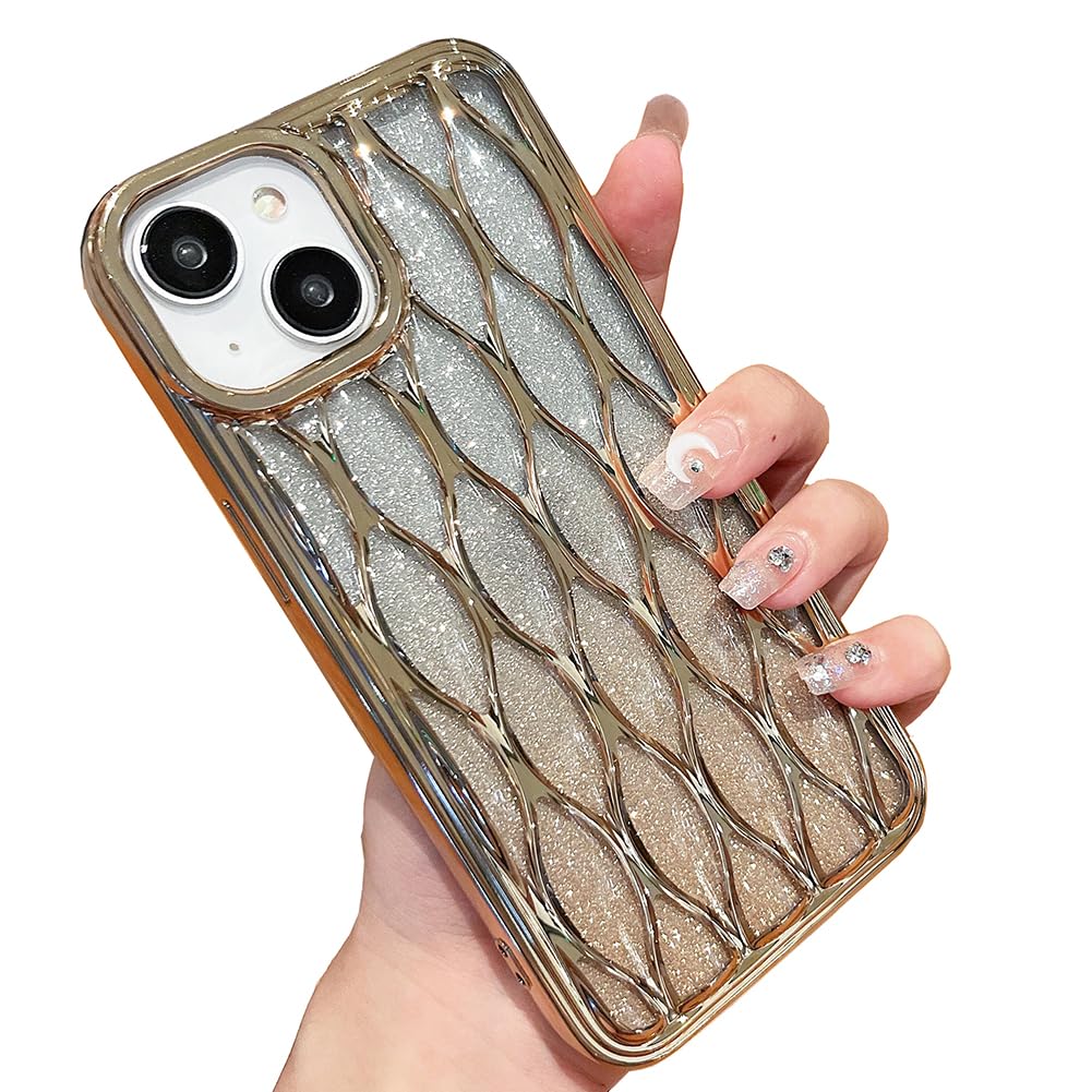 LEMONCOVER for iPhone Case Holographic Cute 3D Evil Eyes Clear Ripple Wave Shape Curly Frame Design Glitter Soft Silicone Protect Bumper Women Girl Slim Shockproof (Shiny Gold,iPhone 14 Pro Max)