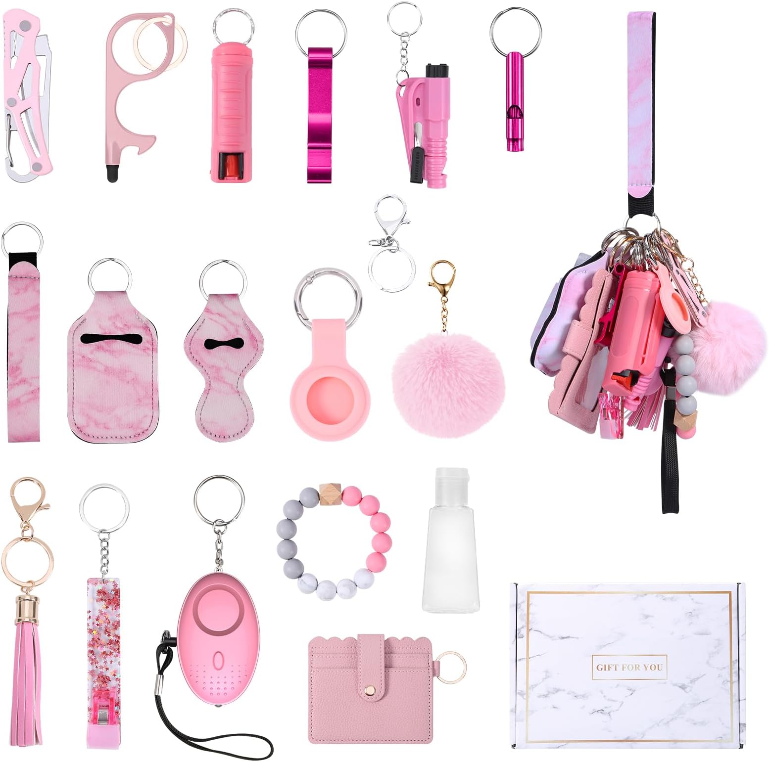 AMIR Safety Keychain Set for Women, Wristlet Strap Keychain with Personal Alarm and Pom Pom Accessories Kit for Women Girls