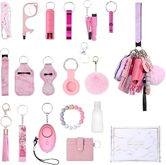 AMIR Safety Keychain Set for Women, Wristlet Strap Keychain with Personal Alarm and Pom Pom Accessories Kit for Women Girls