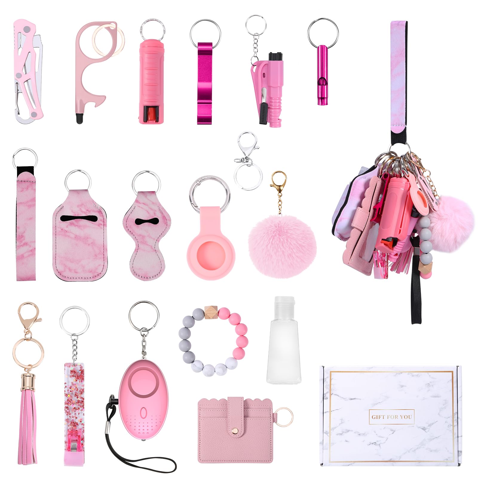 AMIR Safety Keychain Set for Women, Wristlet Strap Keychain with Personal Alarm and Pom Pom Accessories Kit for Women Girls