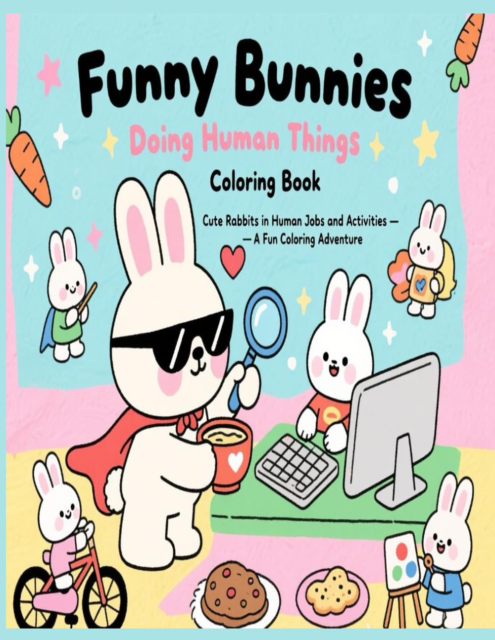 Funny bunnies doing human things Coloring Book: Cute Rabbits in Human Jobs and Activities – A Fun Coloring Adventure