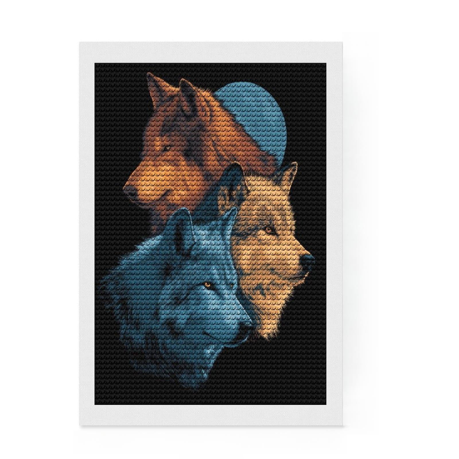 Junmoney Three Wolves Under Moonlight Diamond Art Canvas 8"x12", for Beginners, Easy to Enjoy, Cosy Home Accent, Christmas Gift, Enjoyable At-Home Hobby