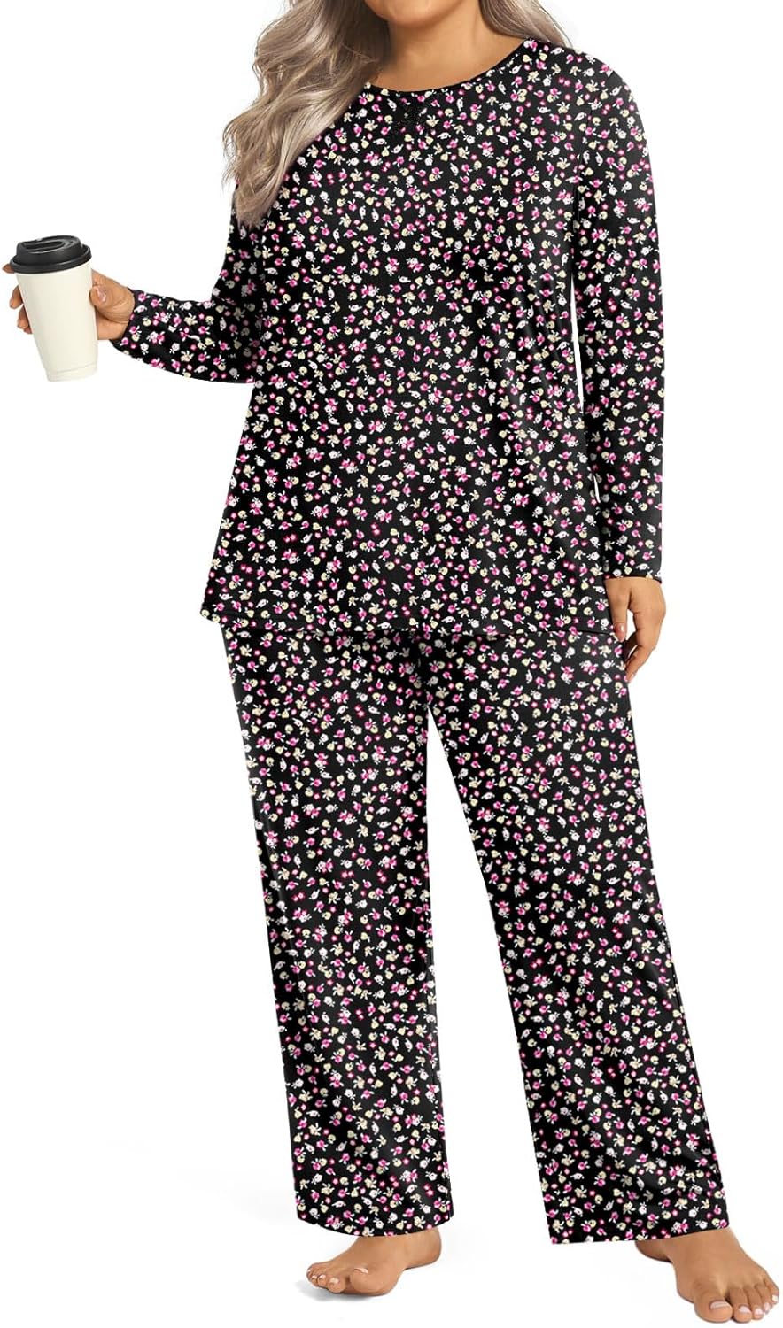 Plus Size Pajamas for Women Sets Long Sleeve Pj Sleepwear Soft Comfy Tops and Pants with Pockets XL, Floral Black - Image 3