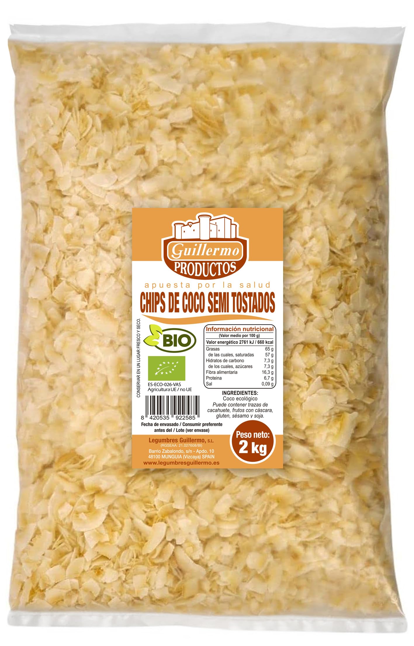 Guillermo | Chips de coco semi tostados BIO - Bolsa 2kg. | 100% ecológico | Refuerza el sistema inmunitario debido a su aporte de minerales | Regula los triglicéridos y colesterol